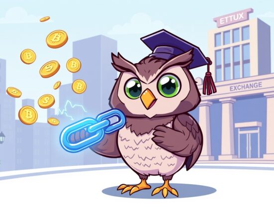 A vibrant cartoon owl symbolizing wisdom and innovation launching the first spot LINK ETF onto a digital stock exchange.