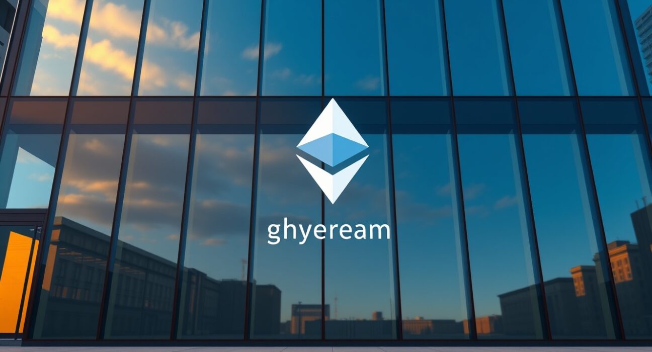 Grayscale staking $236M in ETH at a modern financial building representing institutional Ethereum investment