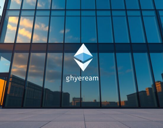 Grayscale staking $236M in ETH at a modern financial building representing institutional Ethereum investment