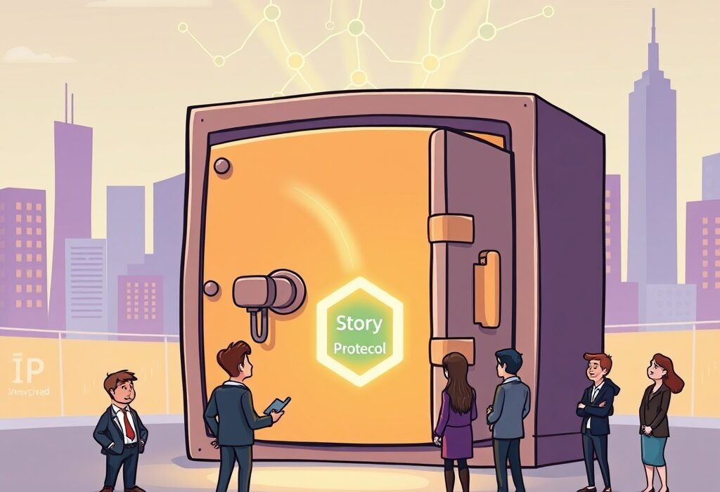A cartoon illustration showing the Grayscale Story Trust facilitating investment into digital rights tokens, symbolizing innovation in crypto.