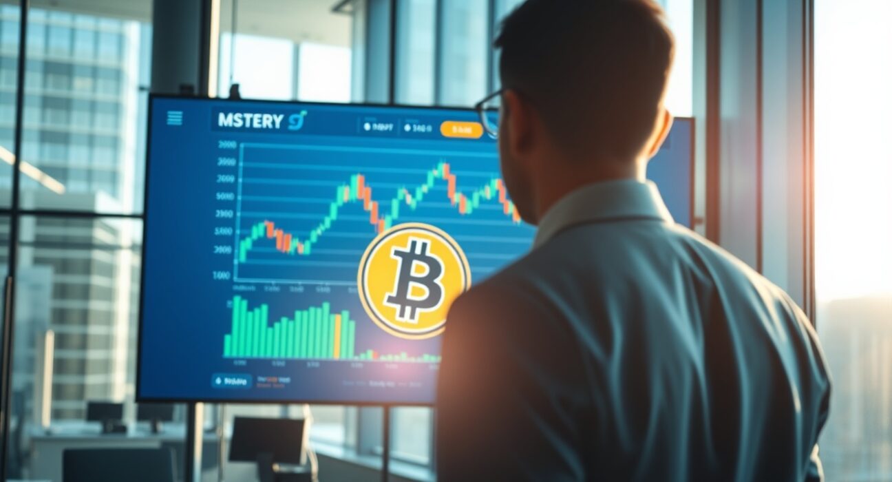 Analyst reviewing Bitcoin price data on a screen in a modern office, with Strategy (MSTR) branding visible.