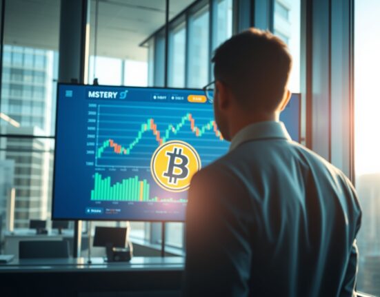 Analyst reviewing Bitcoin price data on a screen in a modern office, with Strategy (MSTR) branding visible.