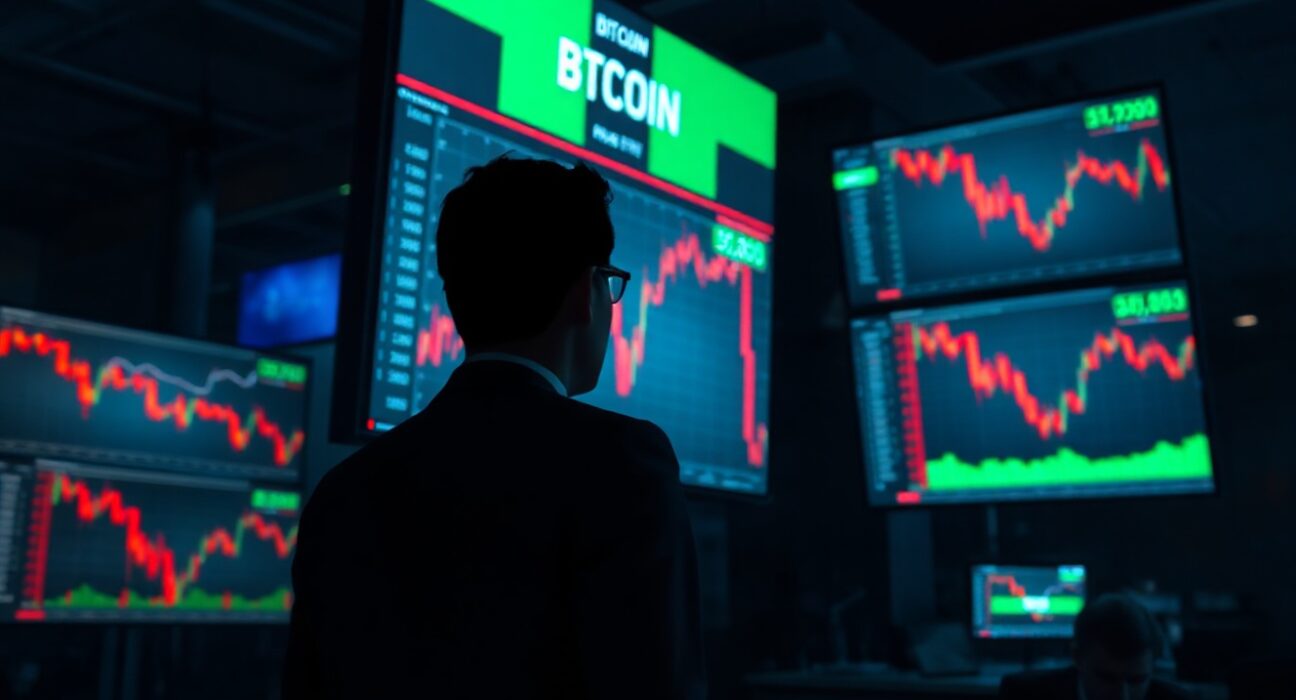 Financial analyst observing Bitcoin price charts on trading floor screens showing downward trend.