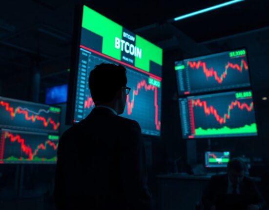 Financial analyst observing Bitcoin price charts on trading floor screens showing downward trend.