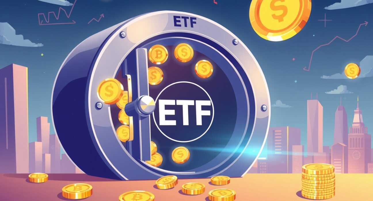 A vibrant cartoon of a new Sui ETF vault opening, symbolizing institutional crypto access.