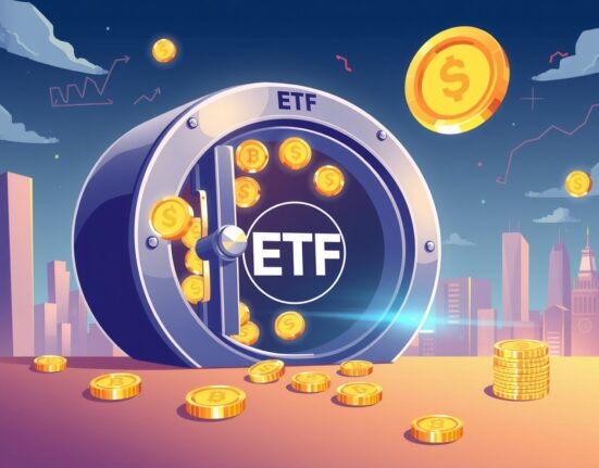 A vibrant cartoon of a new Sui ETF vault opening, symbolizing institutional crypto access.