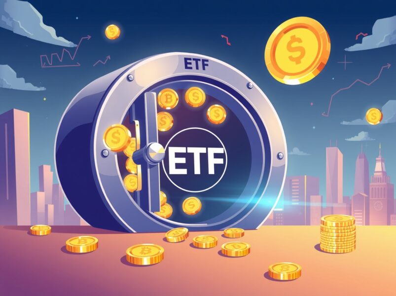 A vibrant cartoon of a new Sui ETF vault opening, symbolizing institutional crypto access.