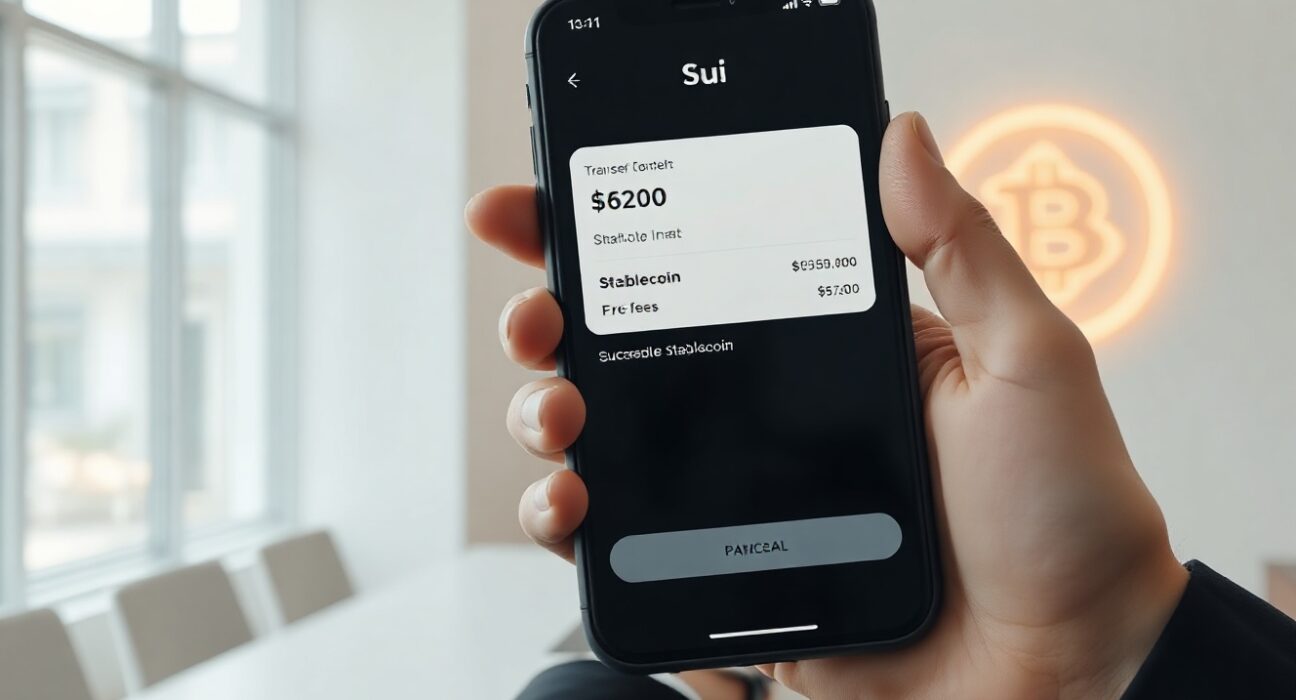 Sui blockchain gasless stablecoin transfer feature on a smartphone in a professional setting