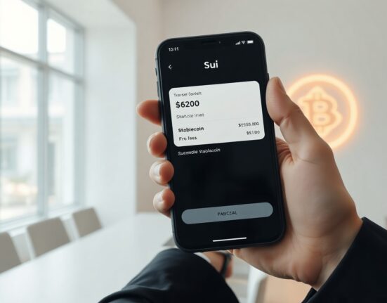 Sui blockchain gasless stablecoin transfer feature on a smartphone in a professional setting