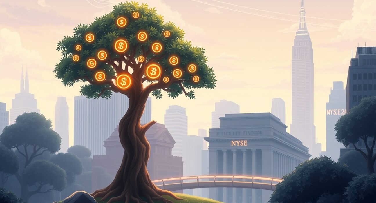 Conceptual Ghibli-style art representing the Grayscale SUI Staking ETF bridging decentralized finance with traditional markets.