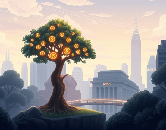 Conceptual Ghibli-style art representing the Grayscale SUI Staking ETF bridging decentralized finance with traditional markets.