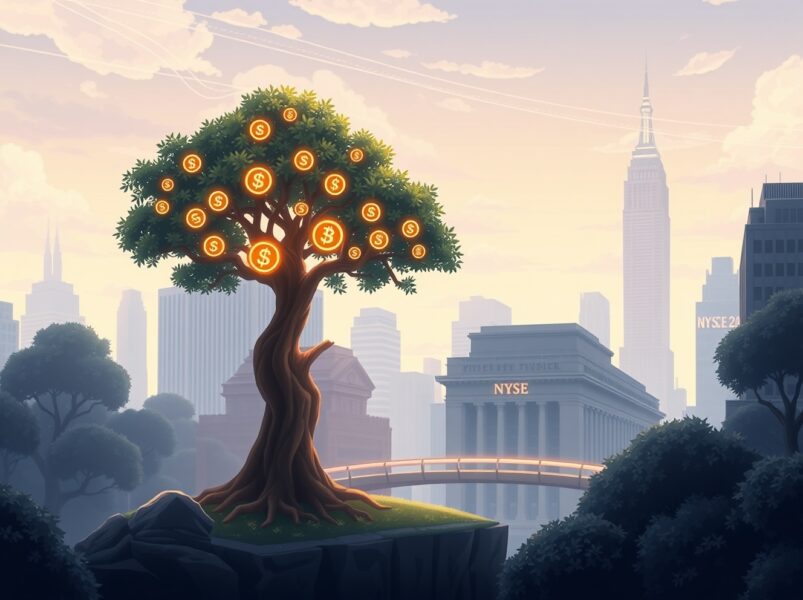 Conceptual Ghibli-style art representing the Grayscale SUI Staking ETF bridging decentralized finance with traditional markets.