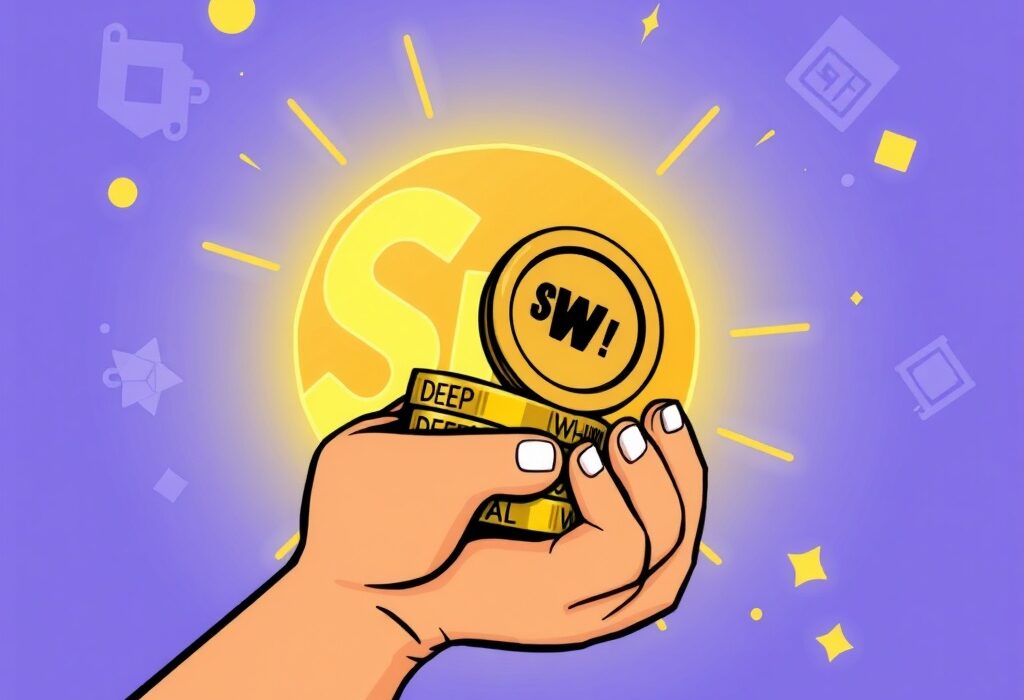 Cartoon illustration showing Grayscale Sui trusts for DEEP and WAL tokens, symbolizing new investment opportunities for accredited investors.