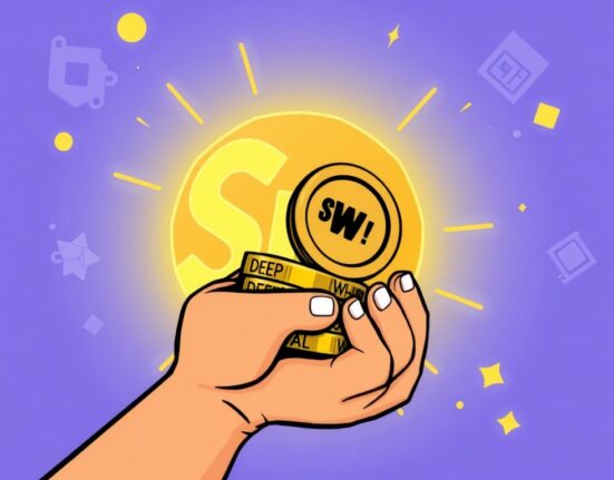 Cartoon illustration showing Grayscale Sui trusts for DEEP and WAL tokens, symbolizing new investment opportunities for accredited investors.