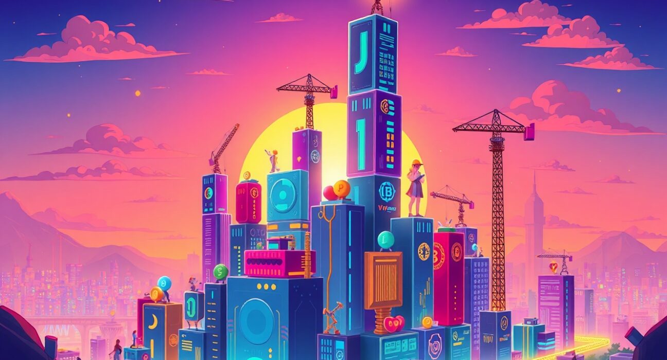A vibrant cartoon illustration showing the explosive potential growth of the tokenized asset market as a towering digital city.