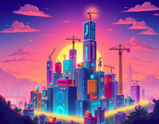 A vibrant cartoon illustration showing the explosive potential growth of the tokenized asset market as a towering digital city.