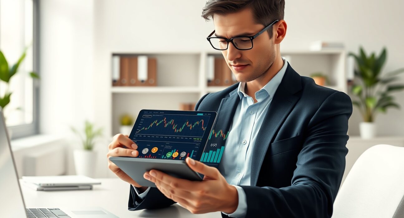 Financial analyst reviewing Grayscale's cryptocurrency asset allocation and investment strategy on digital tablet