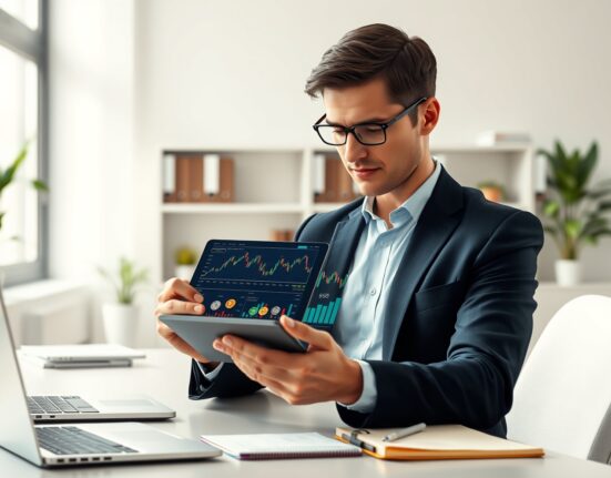 Financial analyst reviewing Grayscale's cryptocurrency asset allocation and investment strategy on digital tablet