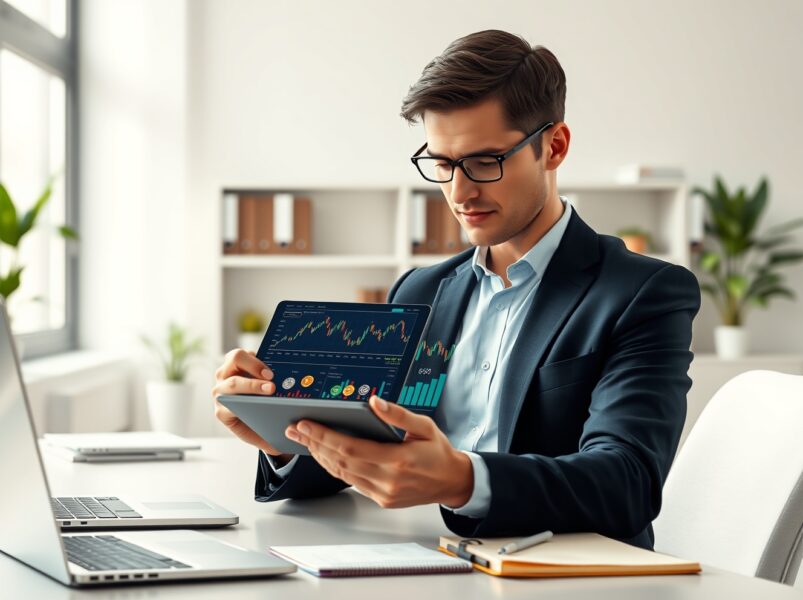 Financial analyst reviewing Grayscale's cryptocurrency asset allocation and investment strategy on digital tablet