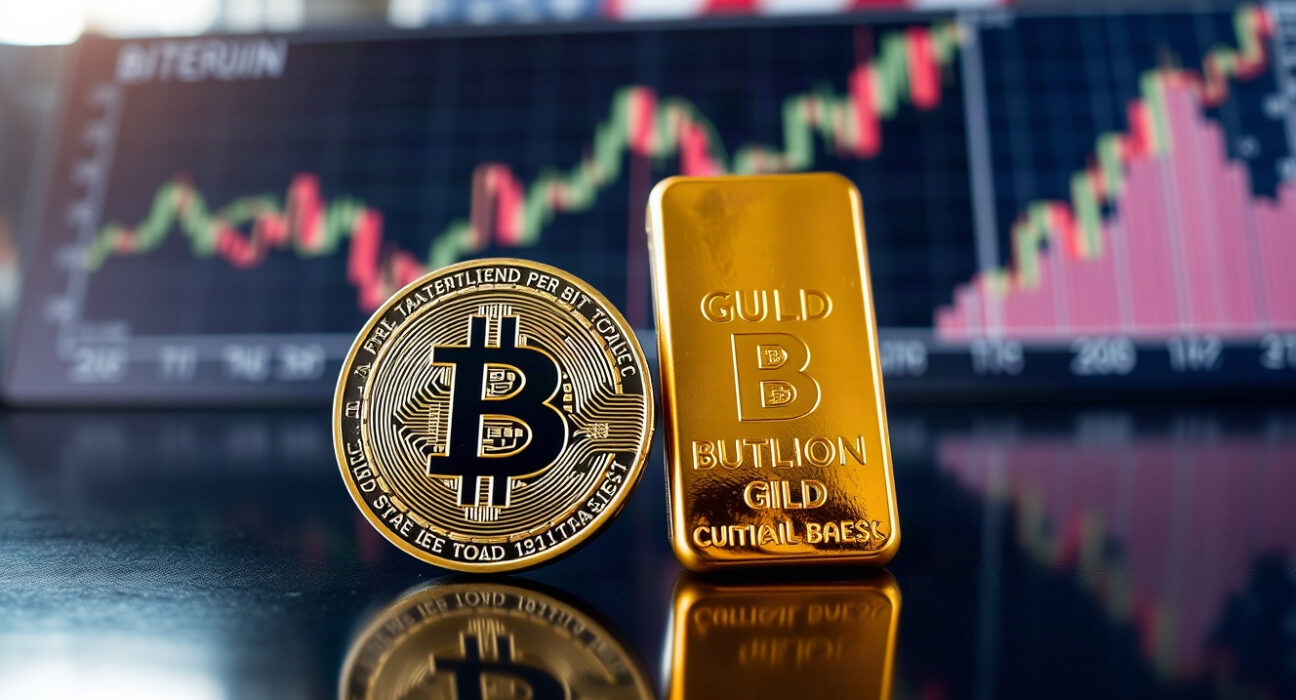 Bitcoin coin and gold bar side by side on a reflective surface, symbolizing alternative stores of value.
