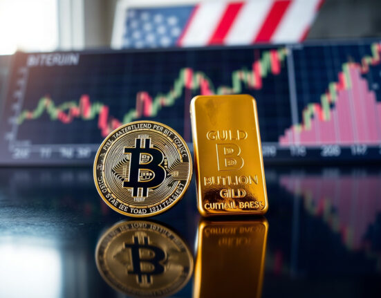 Bitcoin coin and gold bar side by side on a reflective surface, symbolizing alternative stores of value.