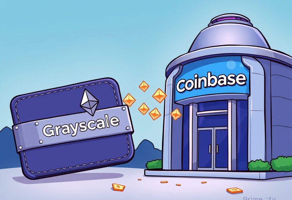Cartoon illustration showing a Grayscale wallet initiating a significant ETH transfer to Coinbase Prime, highlighting Ethereum movement in the crypto market.