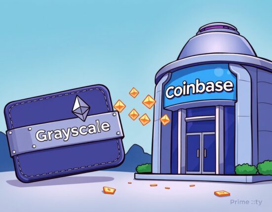 Cartoon illustration showing a Grayscale wallet initiating a significant ETH transfer to Coinbase Prime, highlighting Ethereum movement in the crypto market.