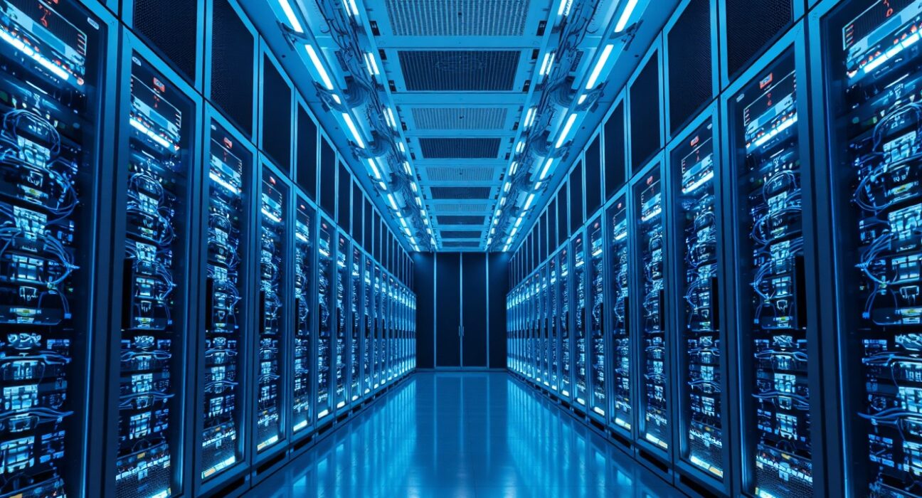 Server room interior representing centralized blockchain infrastructure for Worldcoin.