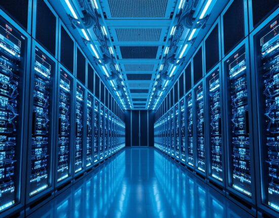 Server room interior representing centralized blockchain infrastructure for Worldcoin.