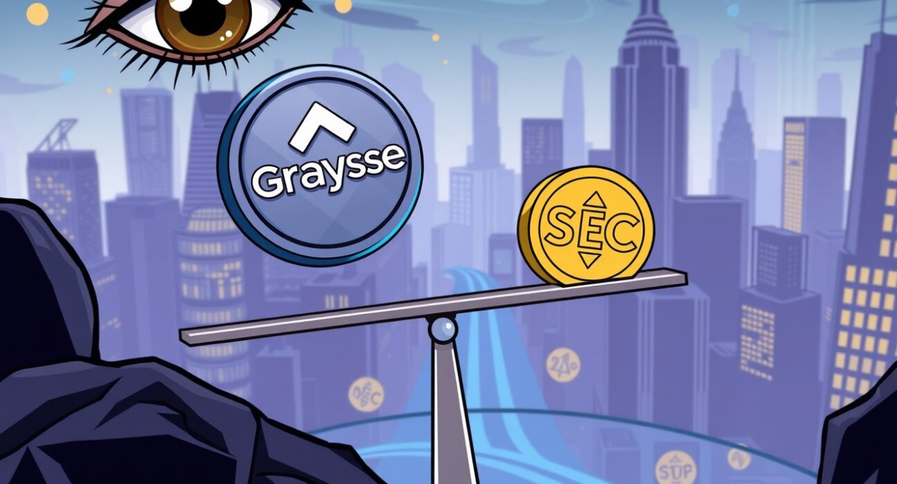 Cartoon illustration showing Grayscale XRP DOGE ETFs fees being set, symbolizing competitive pricing and market impact for investors.