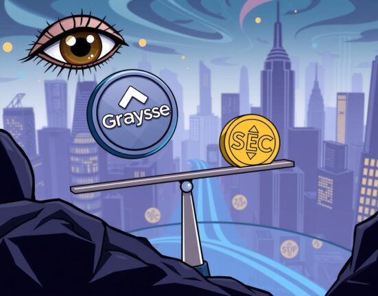 Cartoon illustration showing Grayscale XRP DOGE ETFs fees being set, symbolizing competitive pricing and market impact for investors.