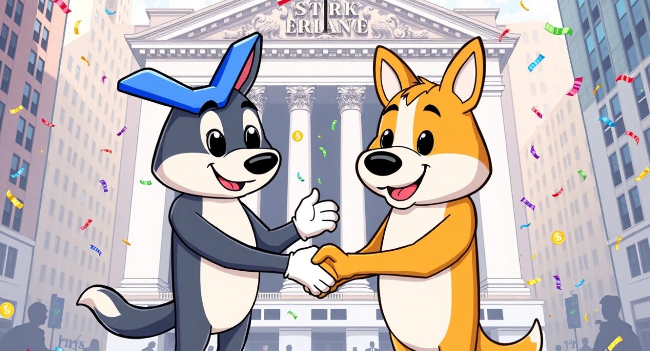 Grayscale spot XRP and DOGE ETFs launching on NYSE with cartoon cryptocurrency mascots celebrating