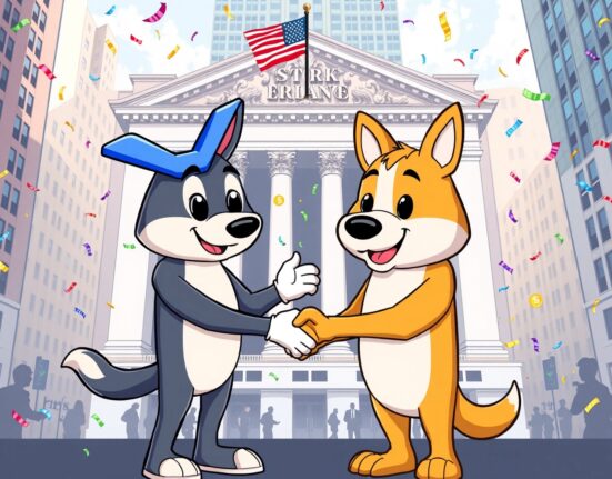 Grayscale spot XRP and DOGE ETFs launching on NYSE with cartoon cryptocurrency mascots celebrating