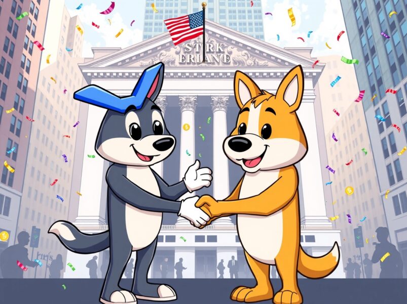 Grayscale spot XRP and DOGE ETFs launching on NYSE with cartoon cryptocurrency mascots celebrating