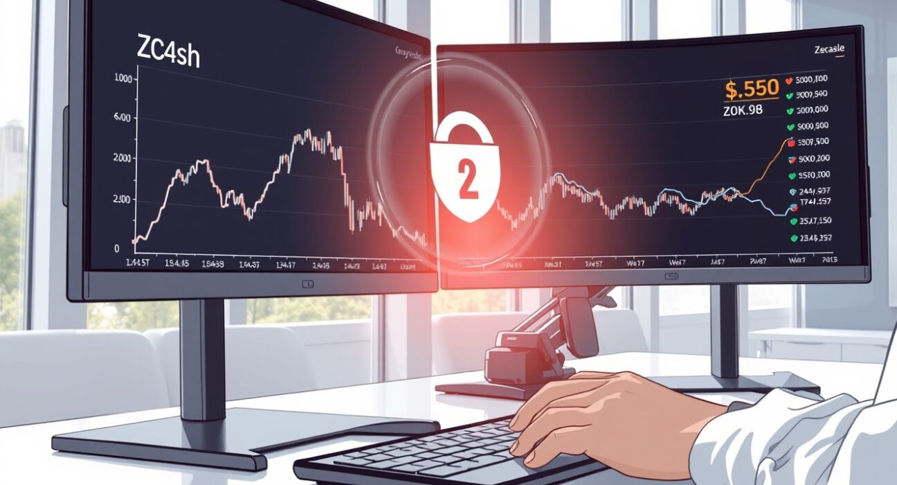 Grayscale Zcash ETF volume doubling trend displayed on trading monitors with Zcash logo hologram