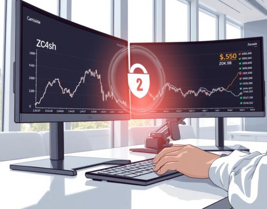 Grayscale Zcash ETF volume doubling trend displayed on trading monitors with Zcash logo hologram