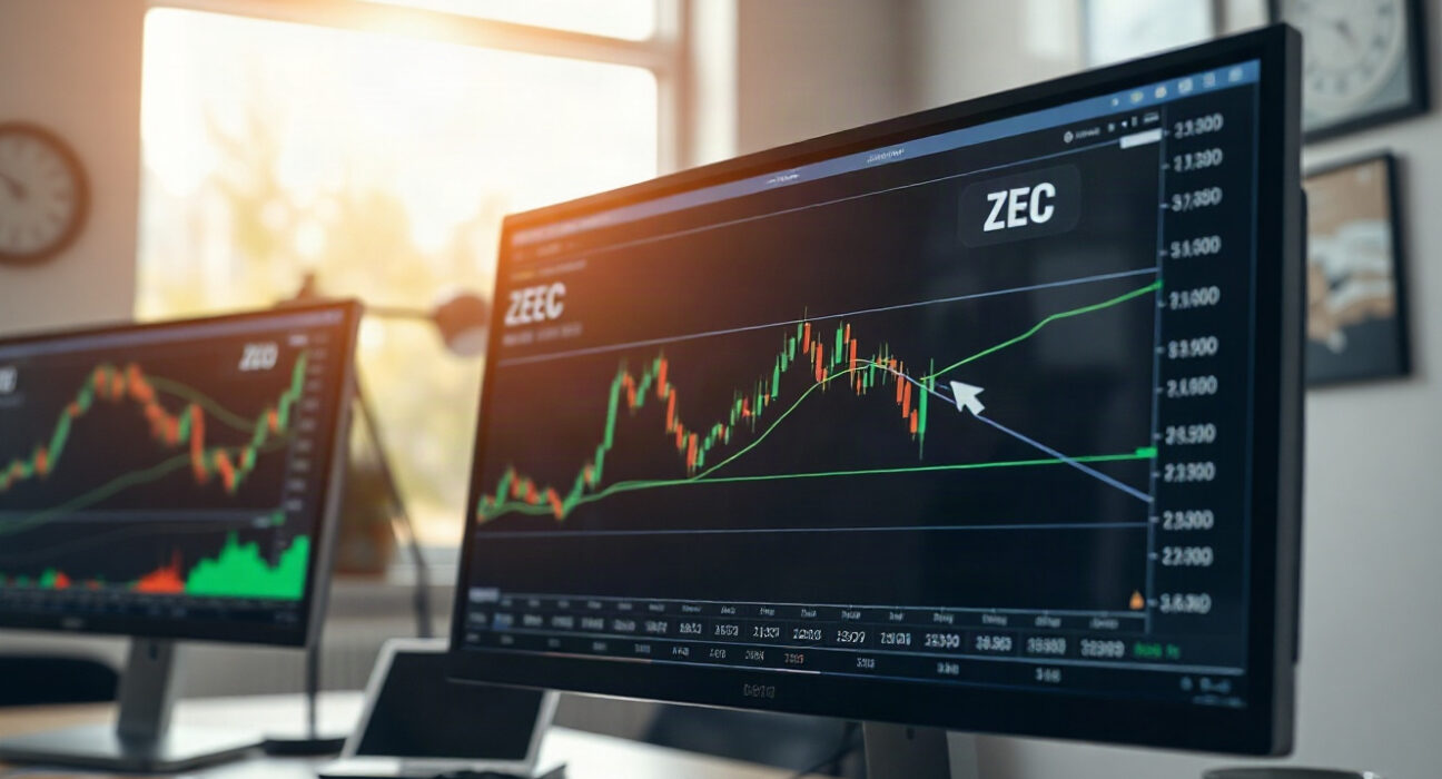 Zcash price chart on a monitor showing upward trend in a trading office