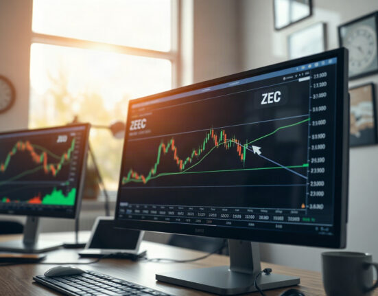Zcash price chart on a monitor showing upward trend in a trading office
