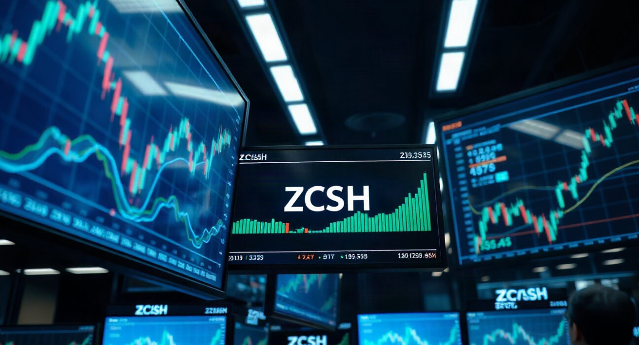Trading screen displaying ZCSH and ZEC market data on a professional trading floor