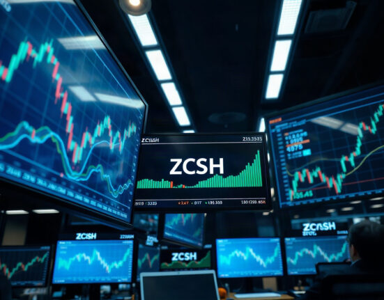 Trading screen displaying ZCSH and ZEC market data on a professional trading floor