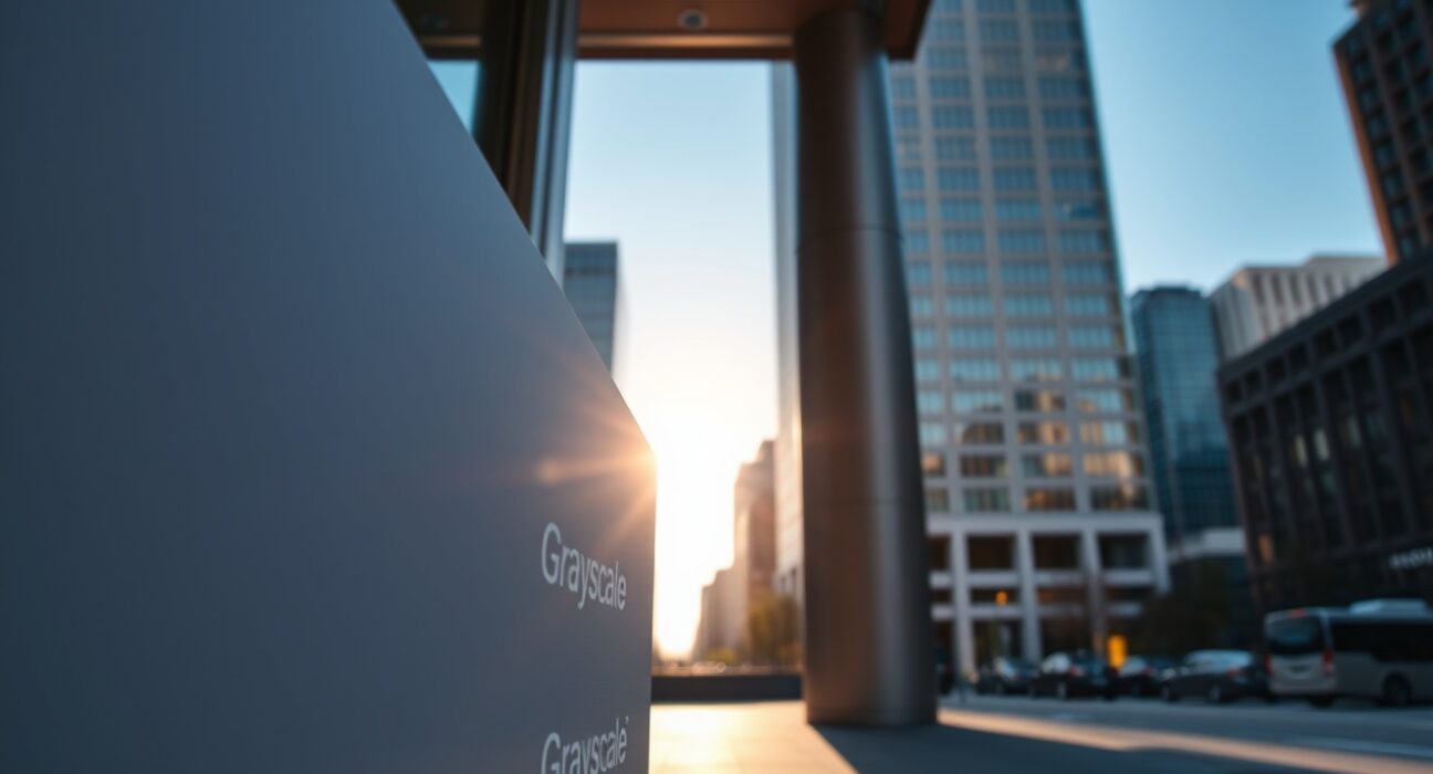 Exterior view of a modern corporate building with Grayscale signage, representing the firm's headquarters and financial operations.