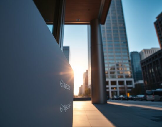 Exterior view of a modern corporate building with Grayscale signage, representing the firm's headquarters and financial operations.
