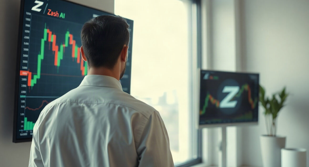 Financial analyst reviewing Zcash and cryptocurrency charts on a digital display in a modern office