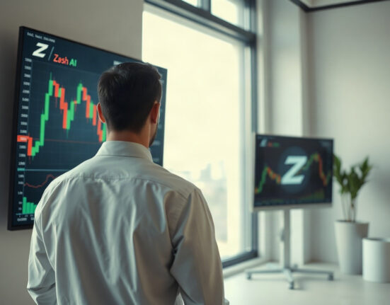 Financial analyst reviewing Zcash and cryptocurrency charts on a digital display in a modern office