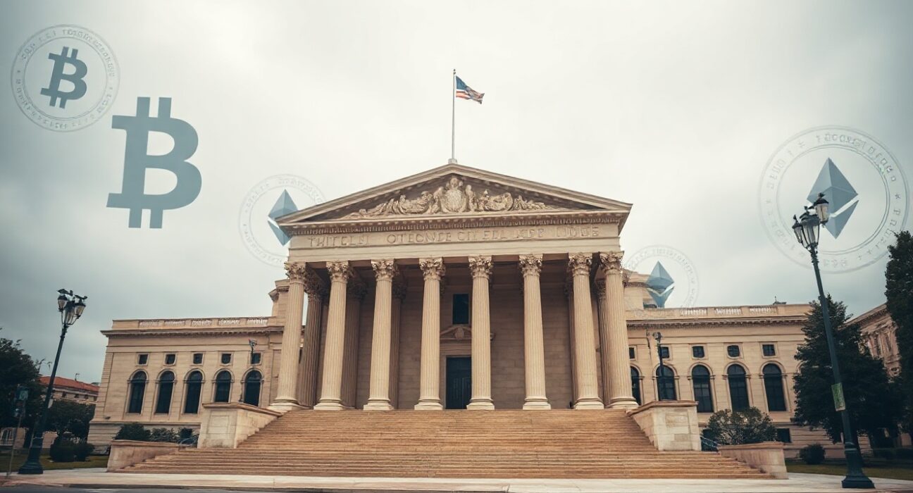 Greek Parliament building with faint digital cryptocurrency symbols in the sky, representing crypto tax legislation.