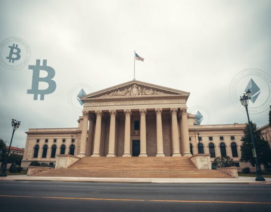 Greek Parliament building with faint digital cryptocurrency symbols in the sky, representing crypto tax legislation.