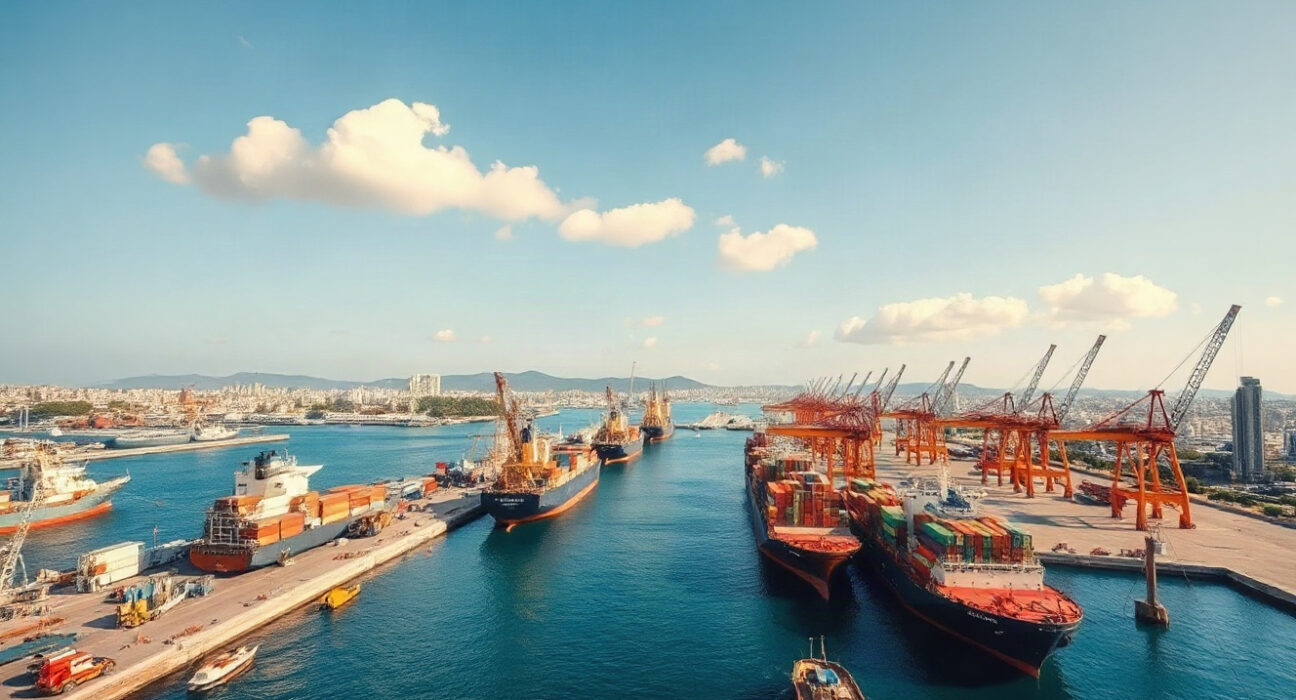 Cargo ships at the Port of Piraeus in Greece on a sunny day, representing trade activity.