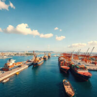 Cargo ships at the Port of Piraeus in Greece on a sunny day, representing trade activity.