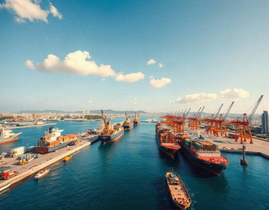 Cargo ships at the Port of Piraeus in Greece on a sunny day, representing trade activity.