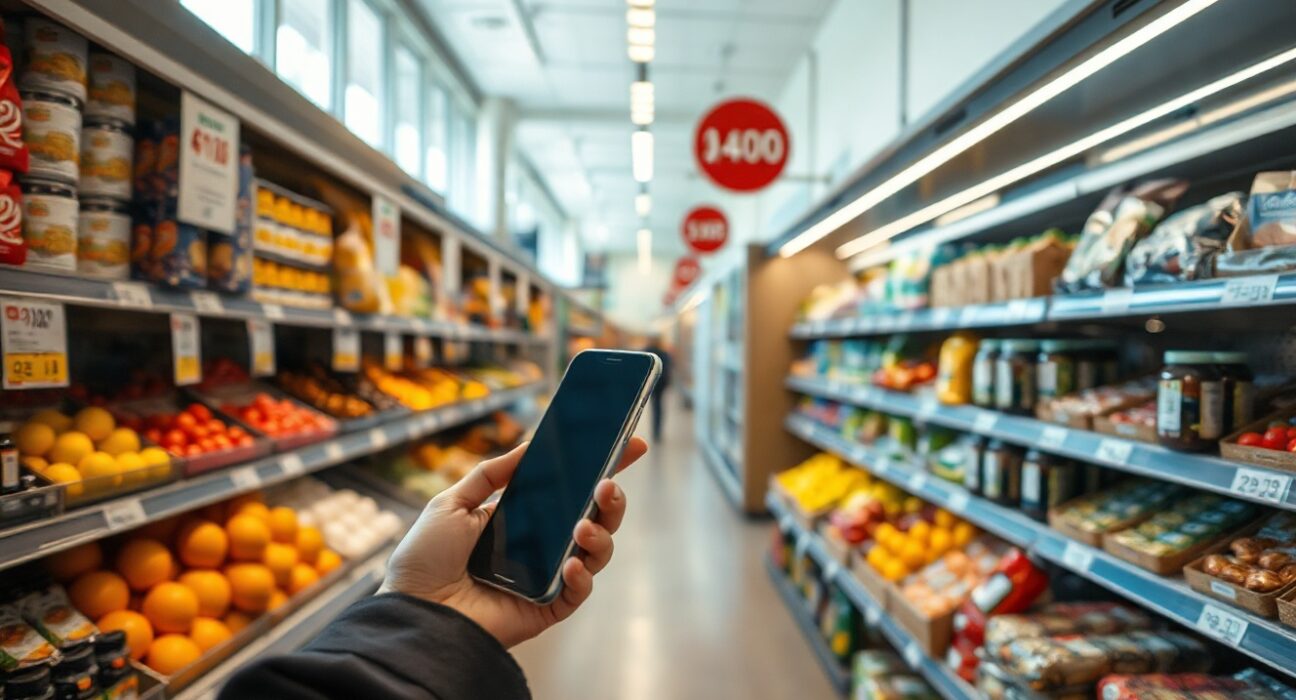 Shopper in a Greek supermarket looking at price tags on shelves, illustrating consumer inflation.